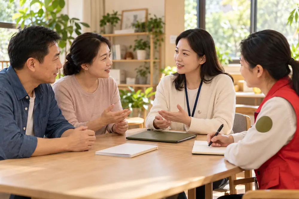 便装家庭参与者主动表达需要,社工与红马甲队员协助理解服务信息的场景构想